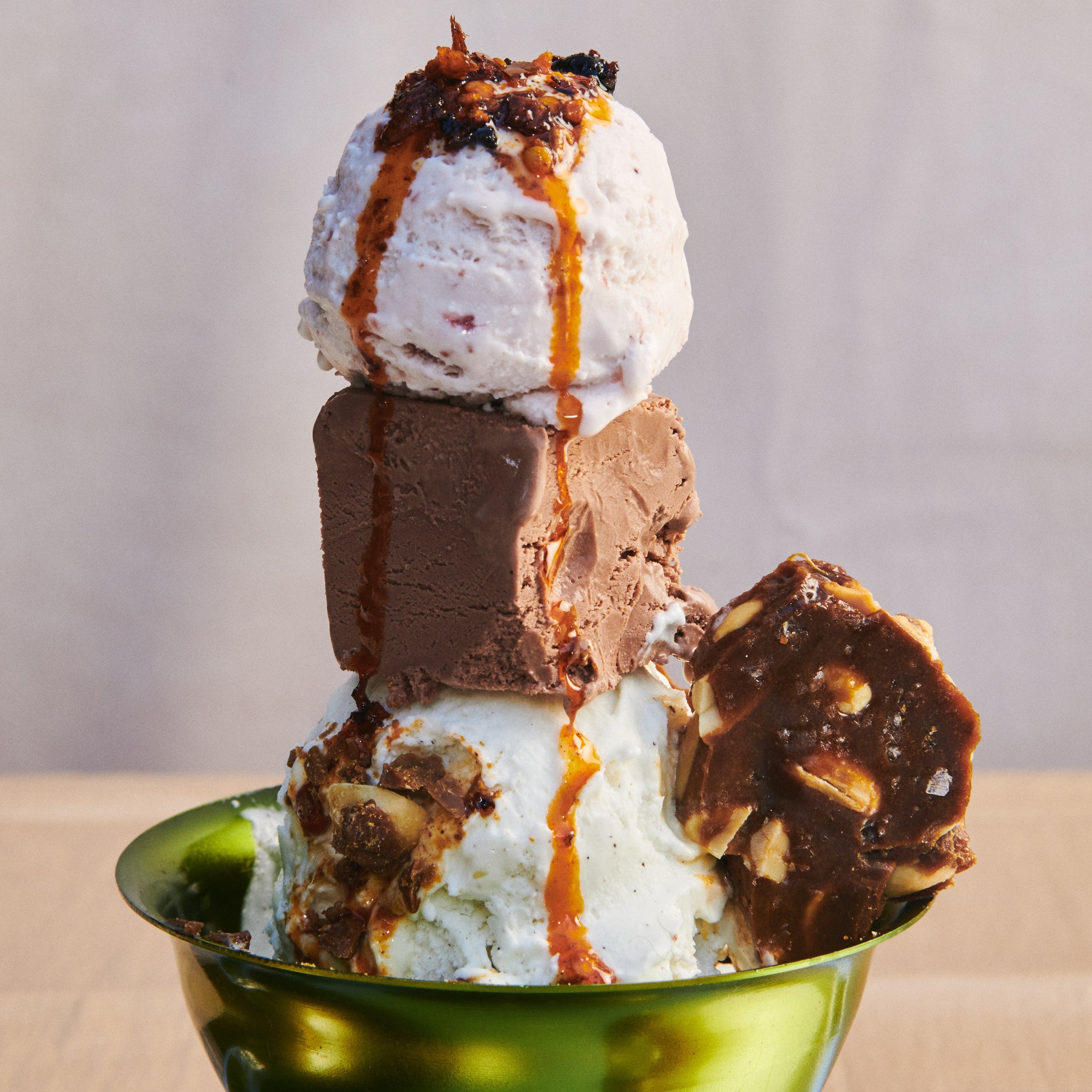 Chili Crisp Sundae with Fish Sauce Caramel Brittle