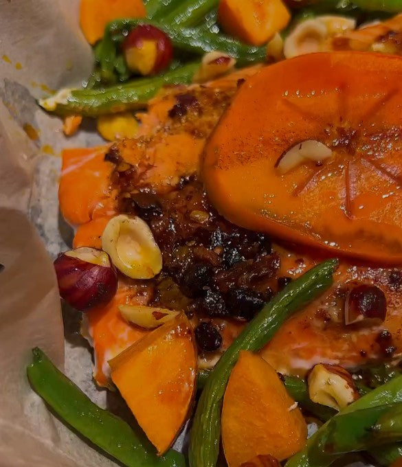 One Pan Chili Crisp Salmon with Persimmons