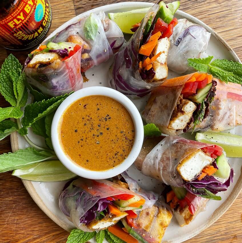 Rainbow Tofu Spring Rolls with Peanut Chili Crisp Sauce